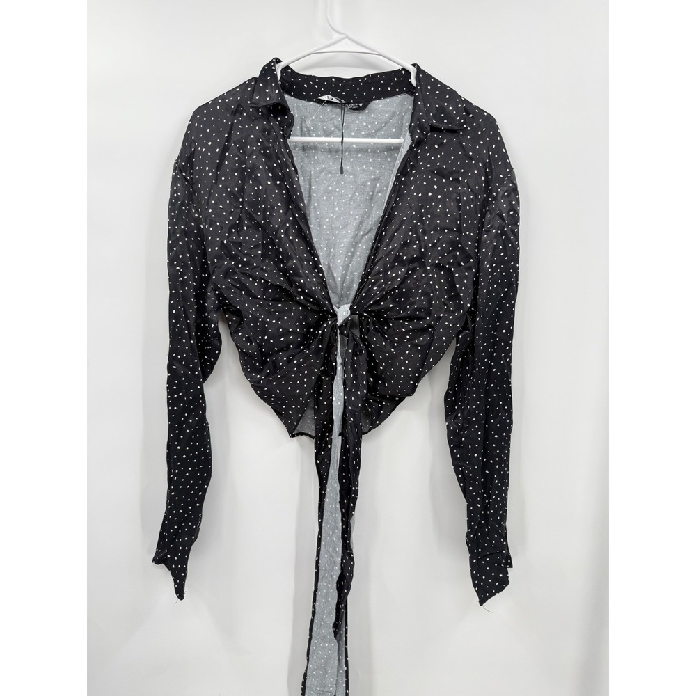 Zara Medium Tie Front Polka Dot‎ Blouse Womens Black White Cropped Long Sleeve